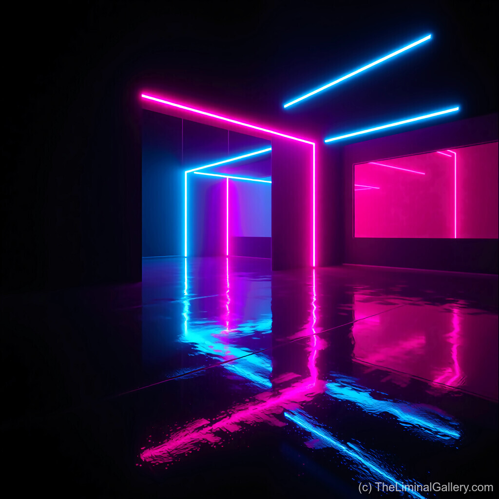 Futuristic neon lines in pink and blue glow beautifully on reflective surfaces, capturing sleek synthwave elegance.